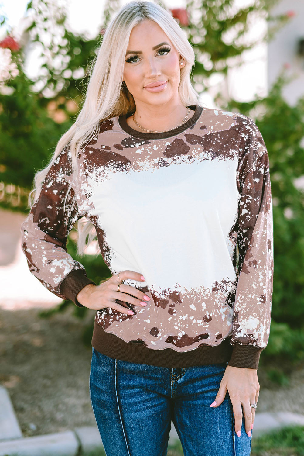 Bleached Tie Dye Leopard Print Long Sleeve Top