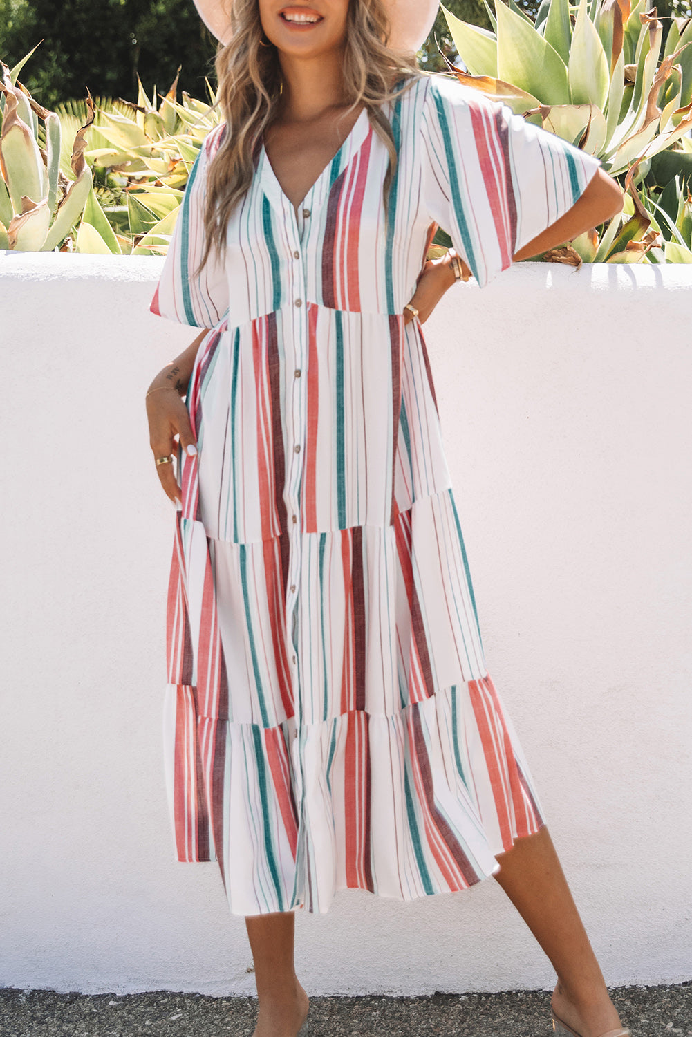 Serape Striped V Neck Buttoned Shirt Dress