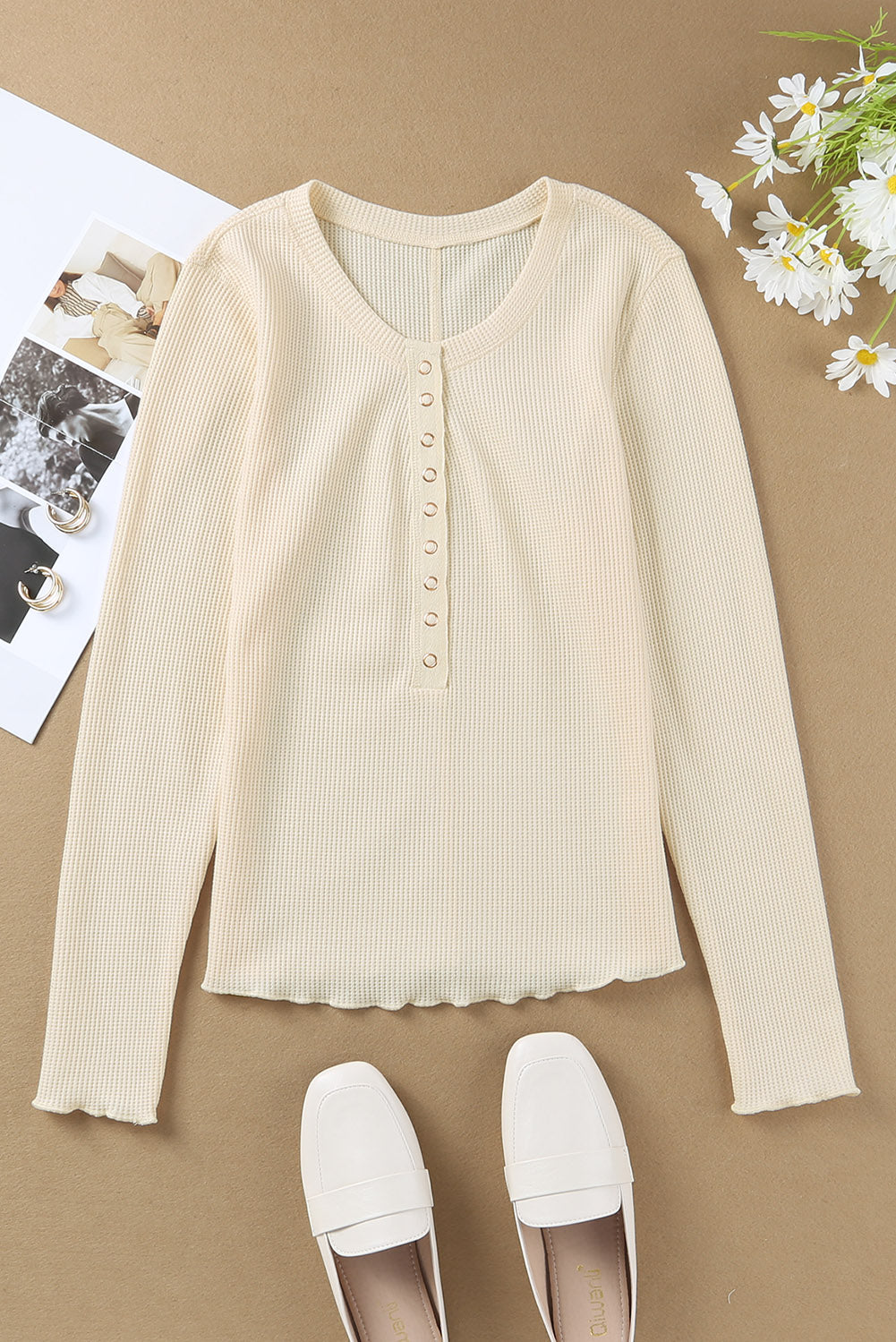 Waffle Knit Long Sleeve Buttoned Henley Top