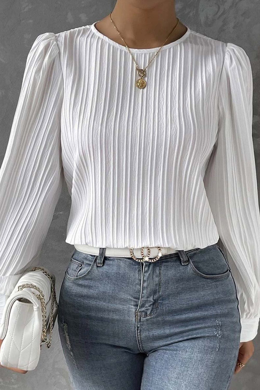 Ribbed Crewneck Puff Long Sleeve Top