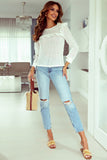 Hollowed Long Sleeve Round Neck Ruffled Blouse