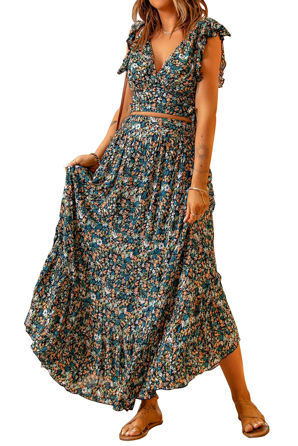 Floral Ruffled Crop Top and Maxi Skirt Set