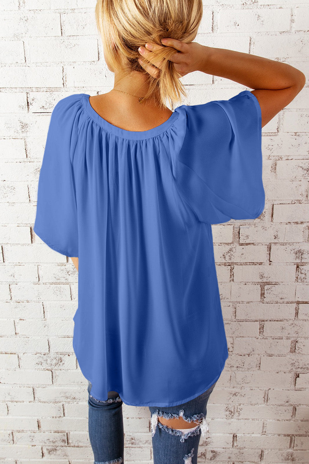 Split Neck Pleated Loose Top