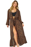 Print Tie Waist Open Front Kimono Beach Cover Up