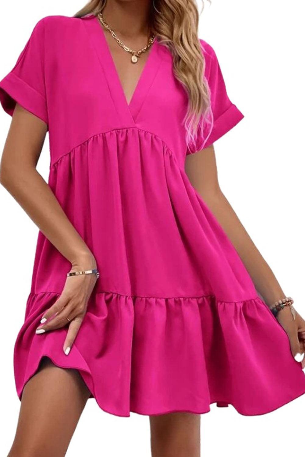 Fresh and sweet V-neck solid color large swing casual skirt dress