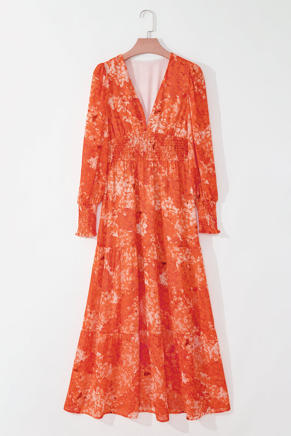 Orange Boho Floral Bishop Sleeve V Neck Tiered Maxi Dress