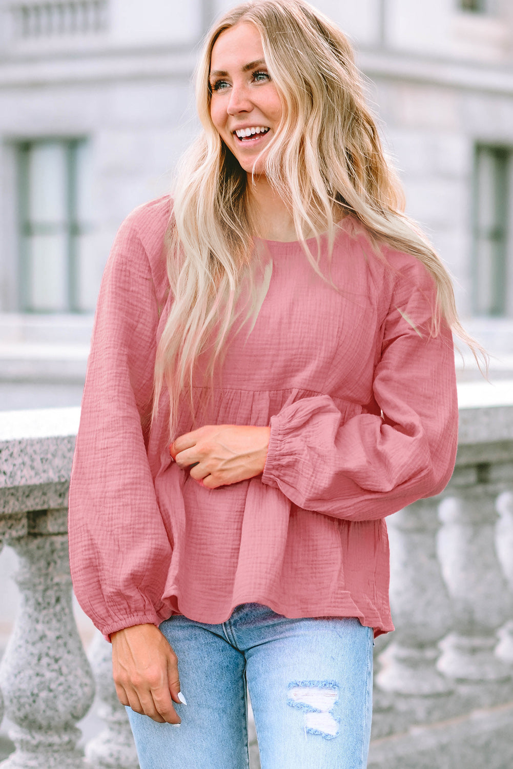 Bubble Sleeve Textured Flowy Blouse