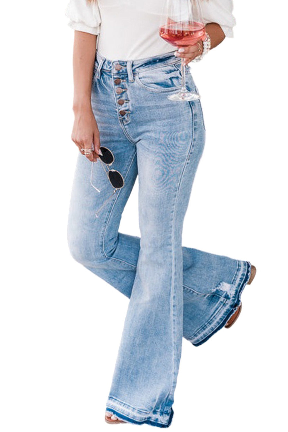 High Waist Buttoned Distressed Flared Jeans