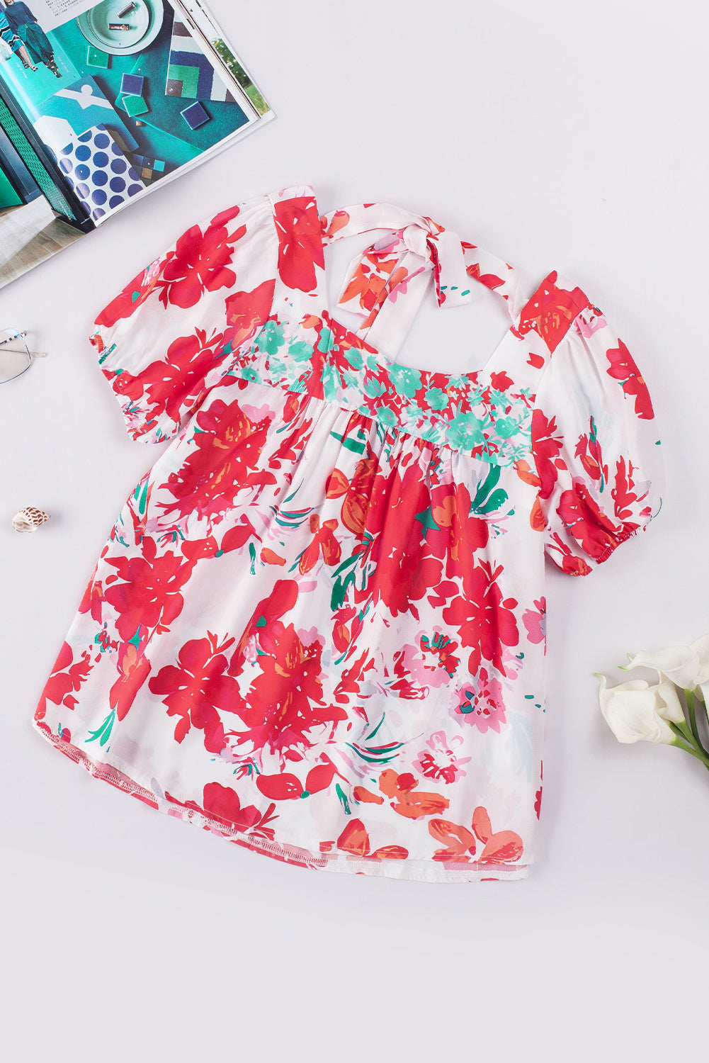 Blouse à col carré imprimé floral rouge