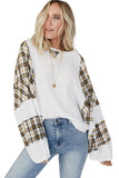 Plaid Patch Waffle Knit Exposed Seam Bubble Sleeve Top