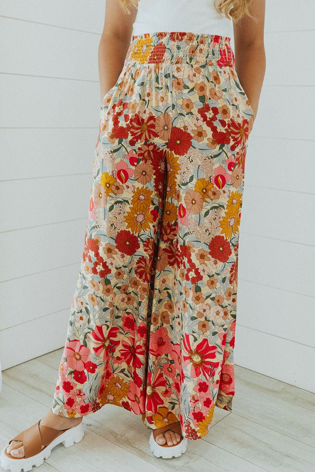 Oatmeal Boho Floral Smocked Waist Super Loose Pants