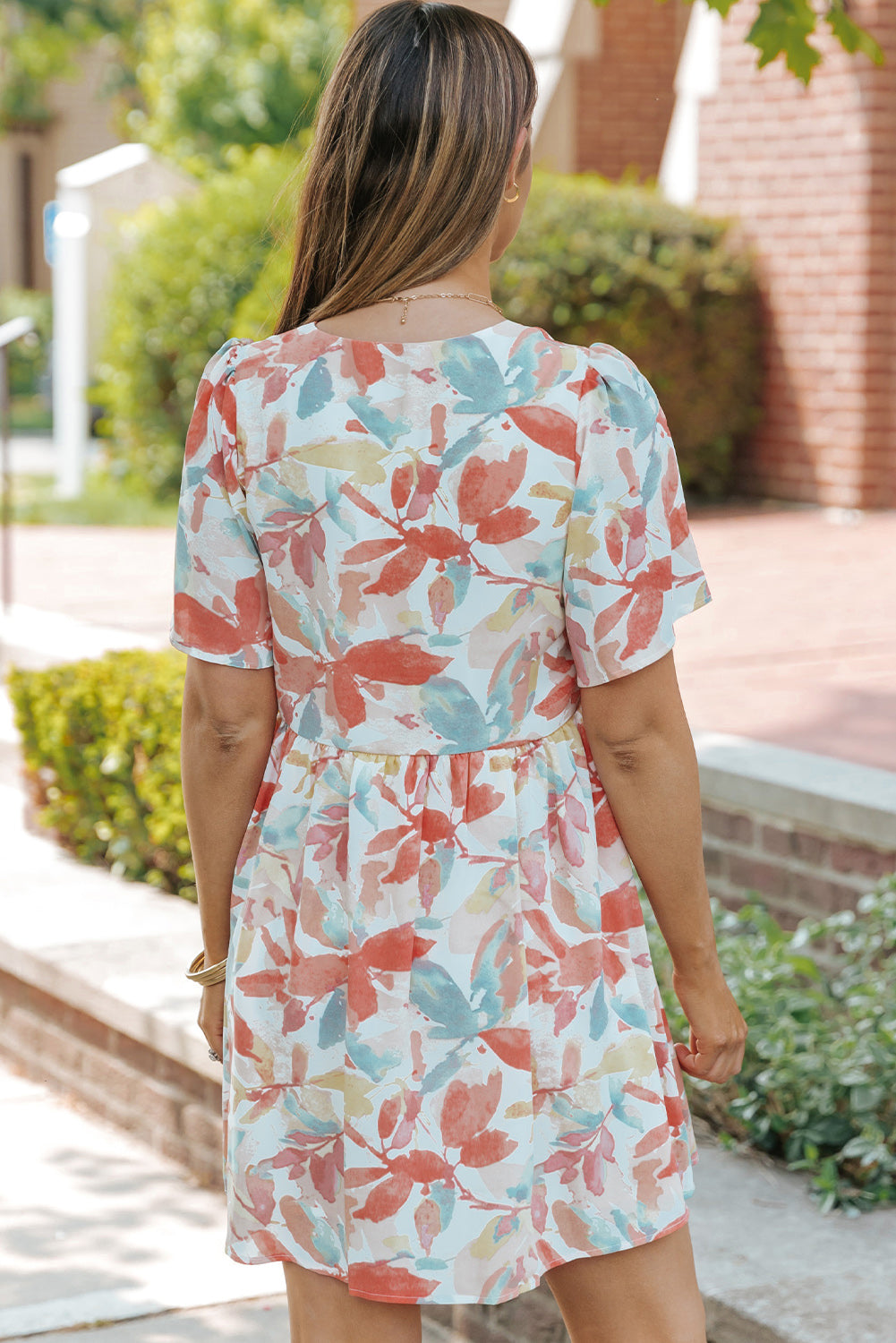 Summer Floral Button V Neck Ruffle Flowy Dress