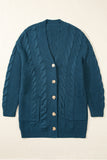 Peacock Blue Cable Knit Button Front Pocketed Baggy Cardigan