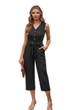 Buttoned Sleeveless Cropped Jumpsuit with Sash