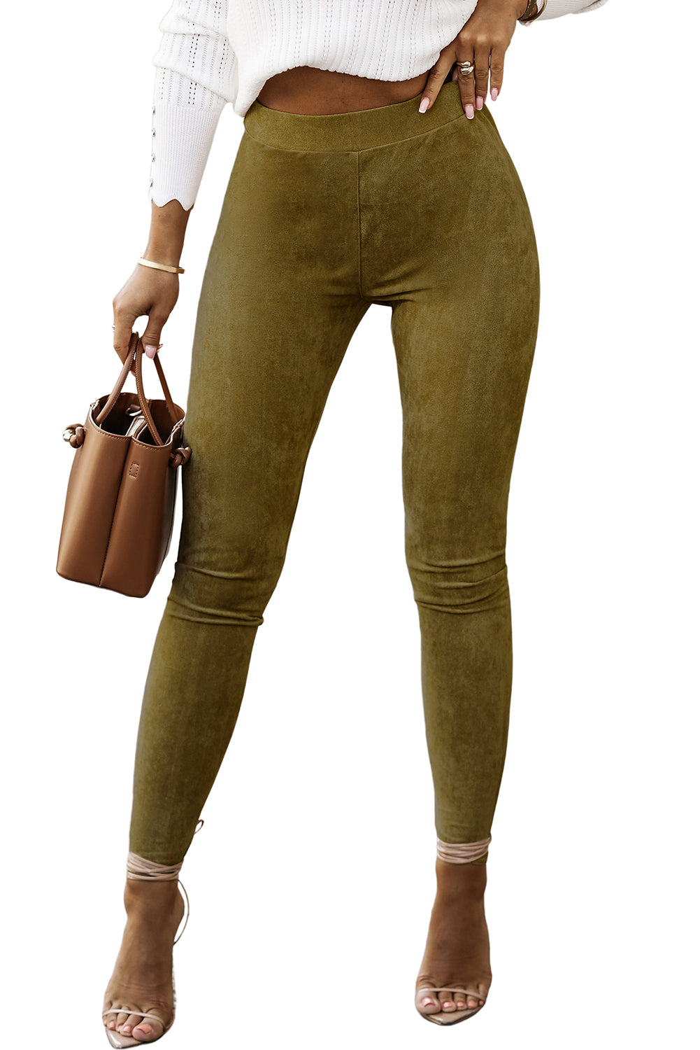 Khaki High Waist Faux Suede Skinny Leggings