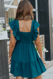 Ruffle Trim V Neck Smocking Back Mini Dress