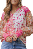 Pink Mixed Floral Printed Puff Sleeve V-Neck Shirt