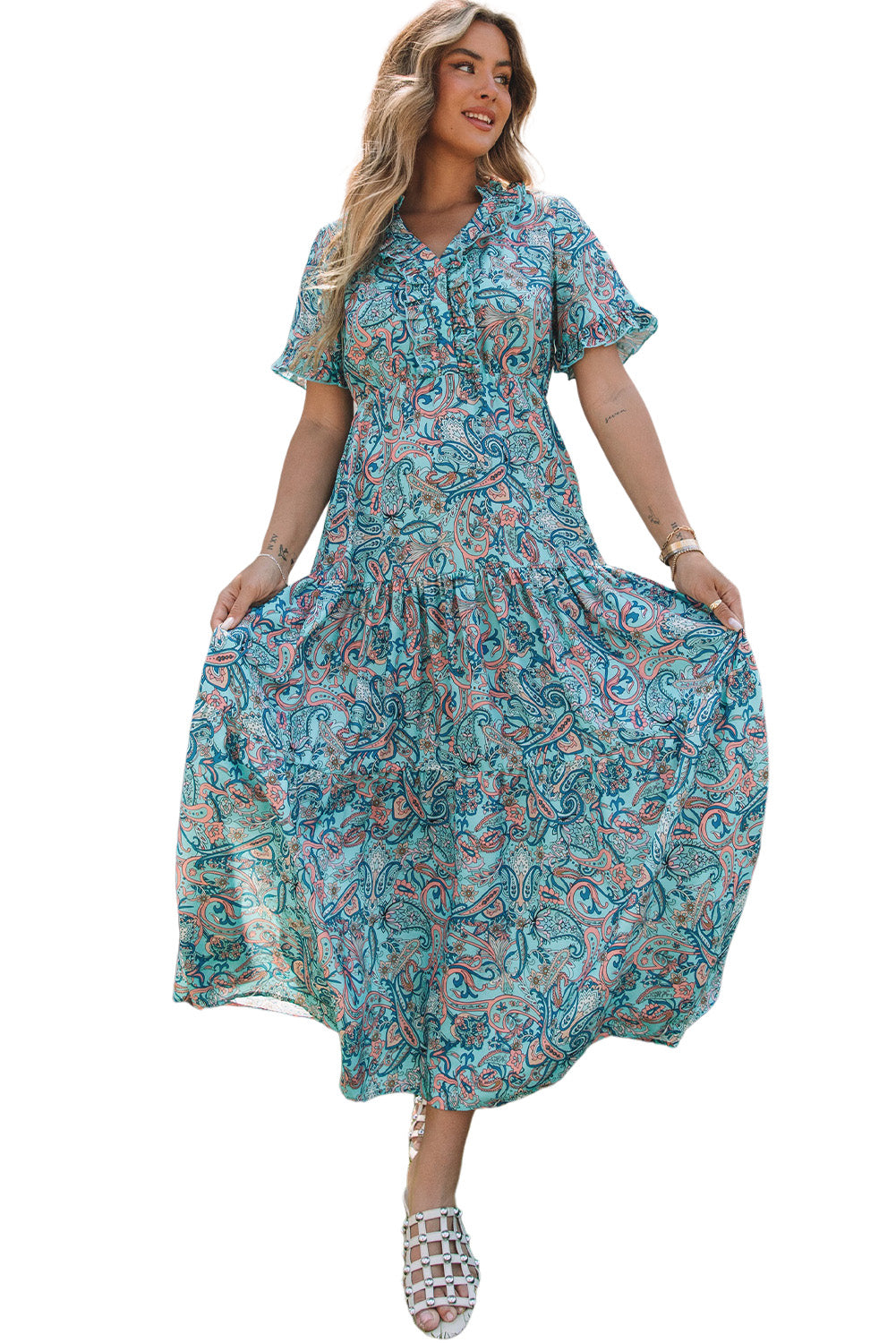 Robe longue à volants et à plusieurs niveaux style bohème imprimé cachemire bleu ciel 