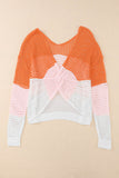 Color Block Eyelet Long Sleeve Twisted Back Knit Top