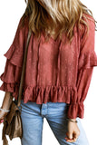 Swiss Dot Lace up V Neck Ruffled Blouse