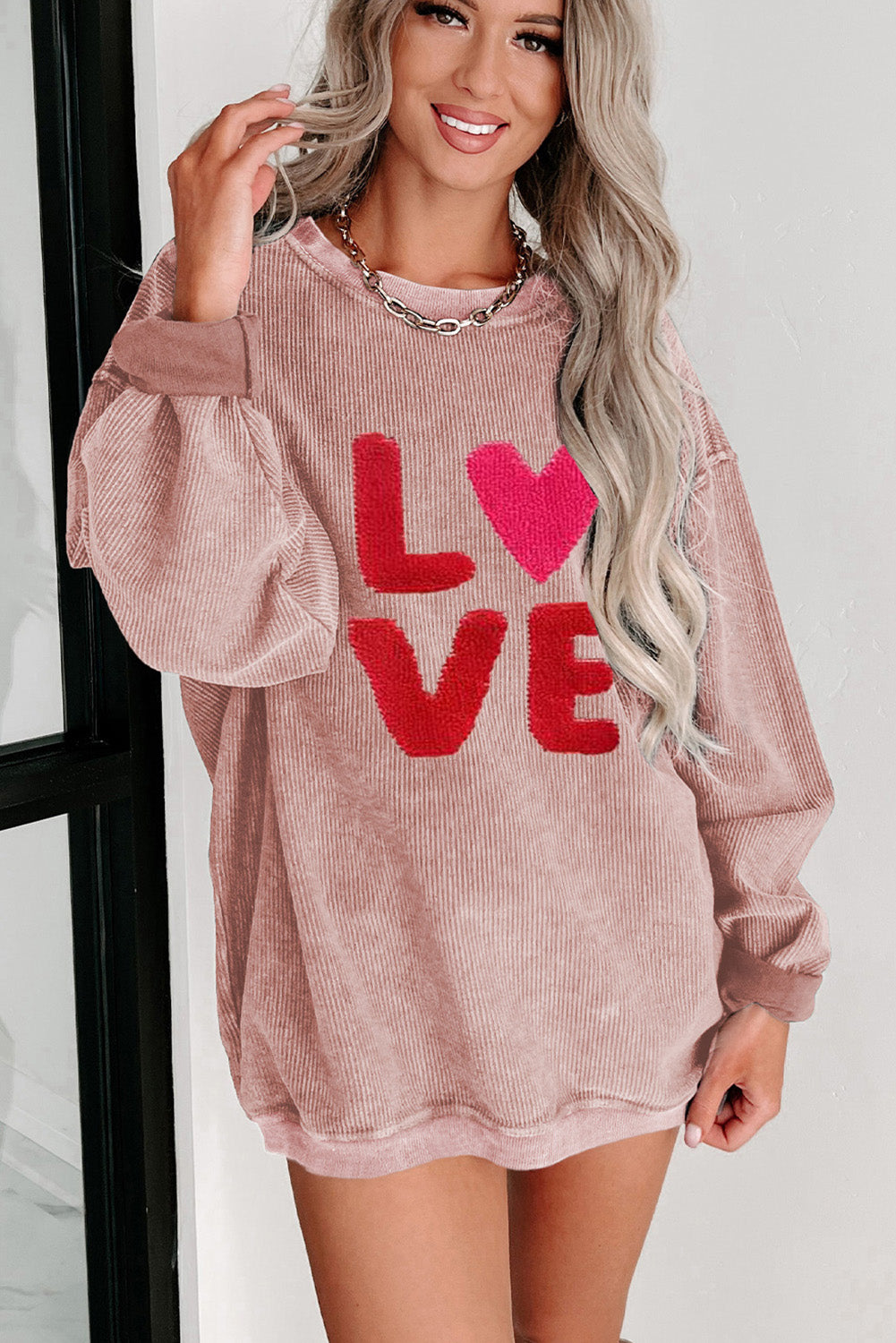 Pink Solid Ribbed Knit Round Neck Pullover Sweatshirt