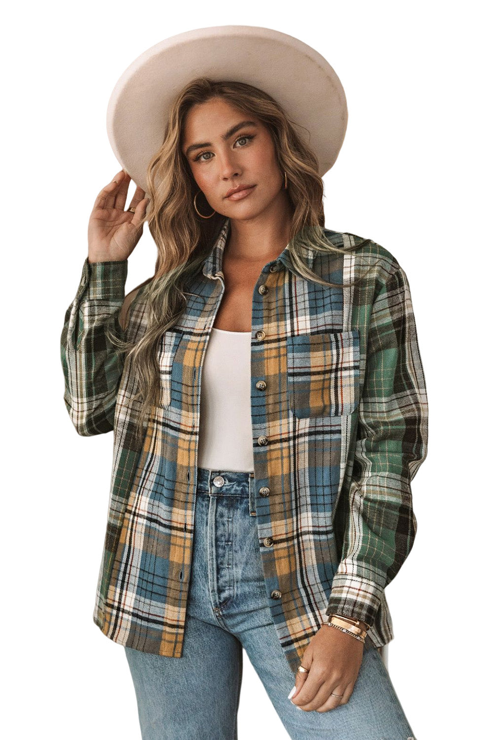 Chest Pockets Button Up Plaid Shacket