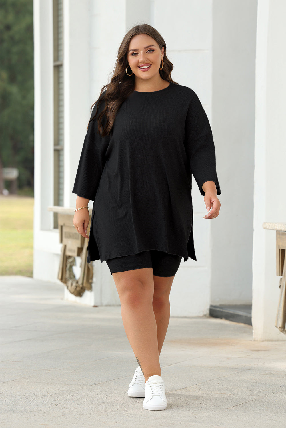 Light Grey Solid Color Loose Tunic Top and Slim Shorts Set