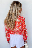 Floral Ruffled Notched V-Neck Blouse