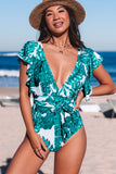 Sexy Deep V Neck Floral Print Ruffles One Piece Swimwear