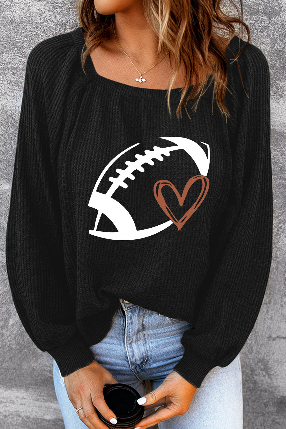 Rugby Print Square Neck Puff Sleeve Waffle Top