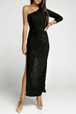 One-shoulder Glitter Metallic Asymmetric Long Dress