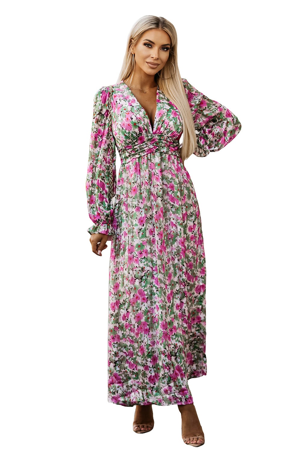 Floral Print Deep V Neck Ruched Cinched Waist Maxi Dress