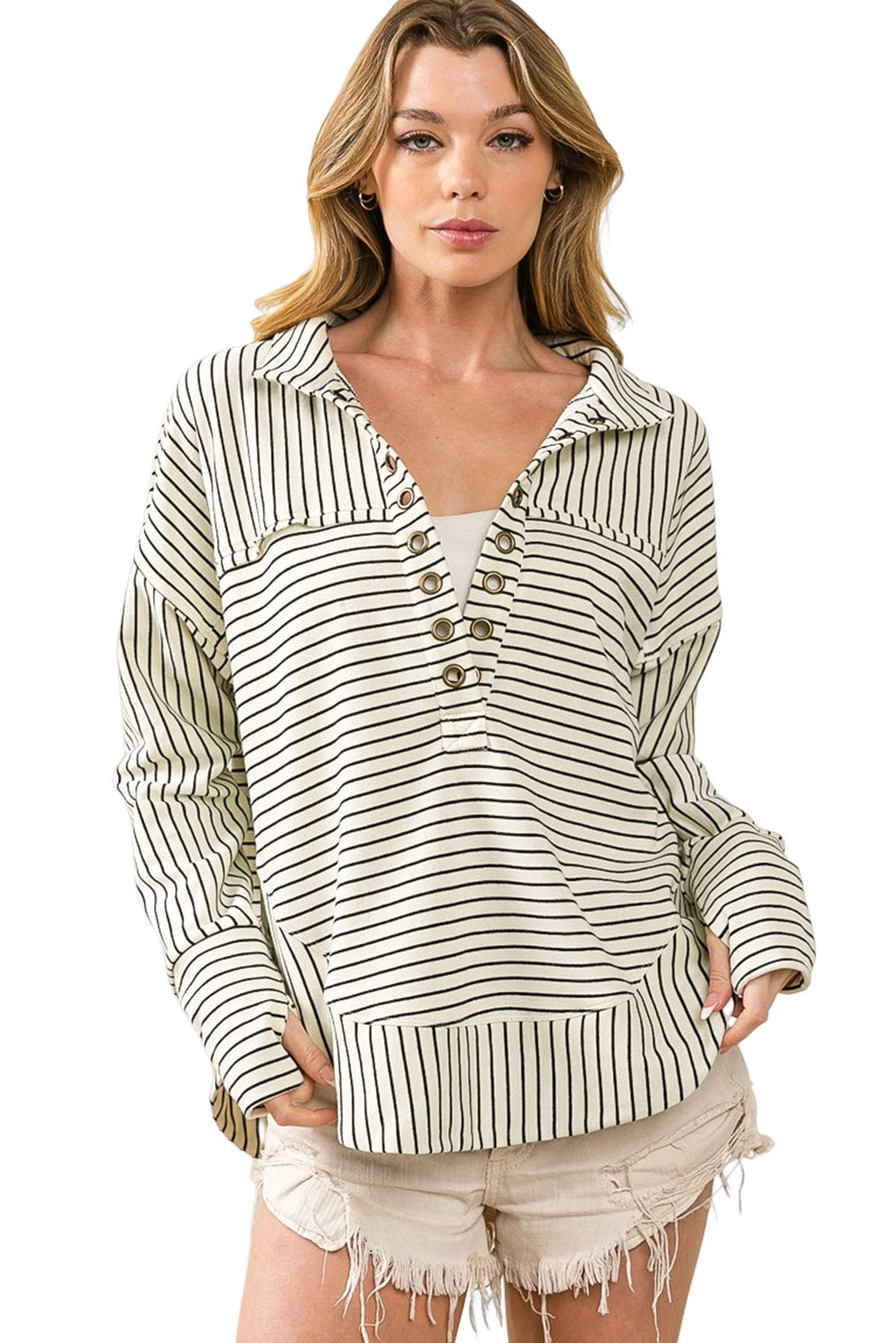 Striped Thumbhole Drop Shoulder V Neck Top