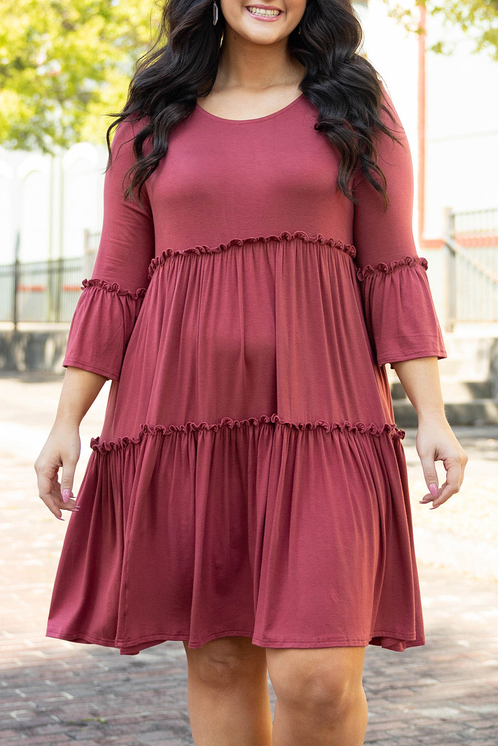 Tiered Ruffled 3/4 Sleeve Plus Size Dress