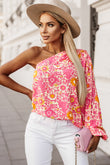 Floral One Shoulder Pleated Bubble Sleeve Blouse