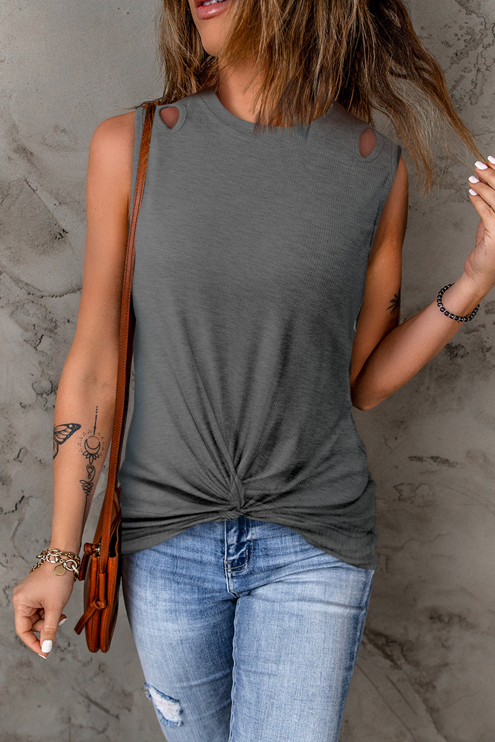 Khaki Rib Knit Cut-out Front Twist Tank Top