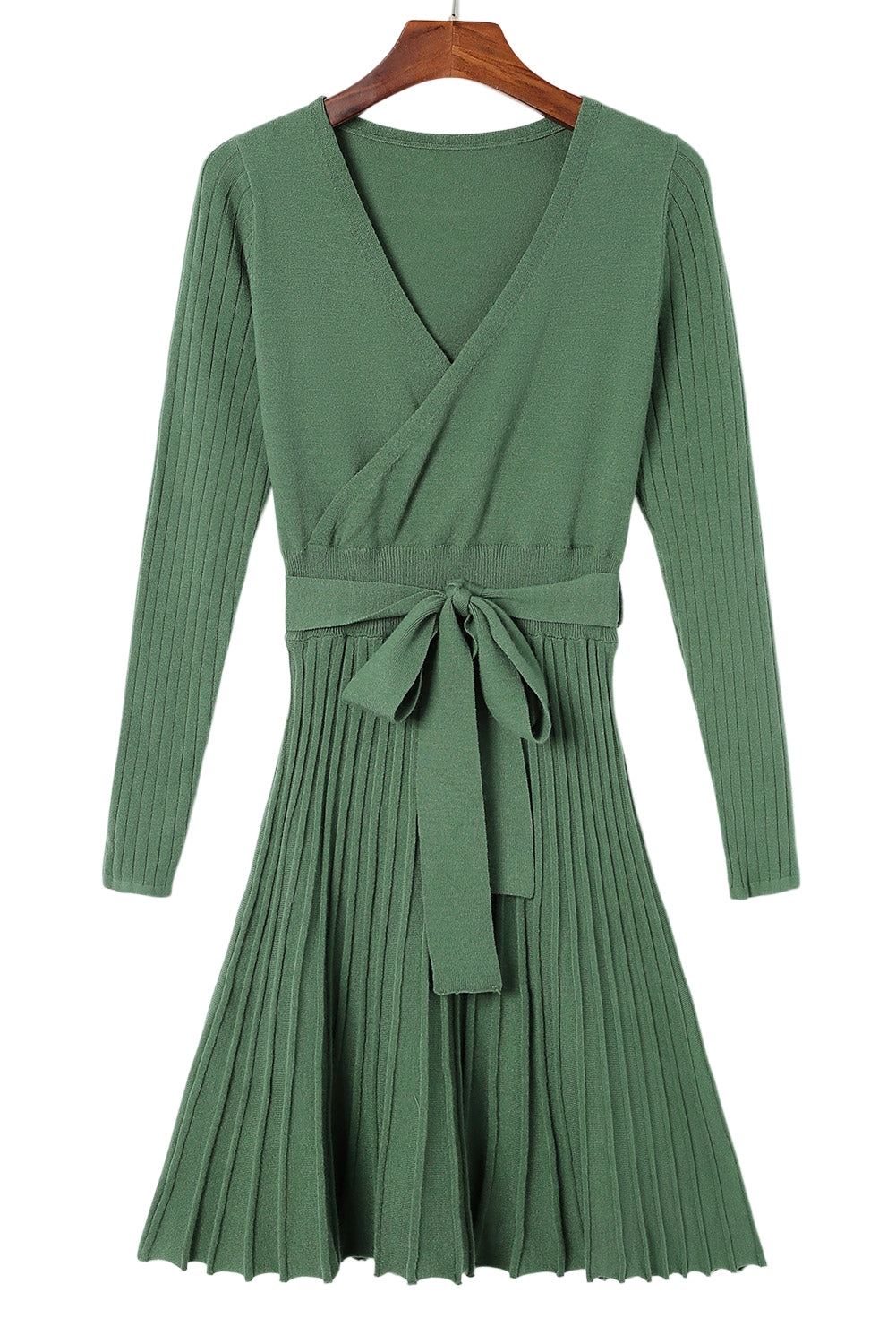 Belted V Neck Ribbed Pleated Sweater Dress