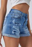 Short en jean taille haute effet vieilli bleu ciel avec poche