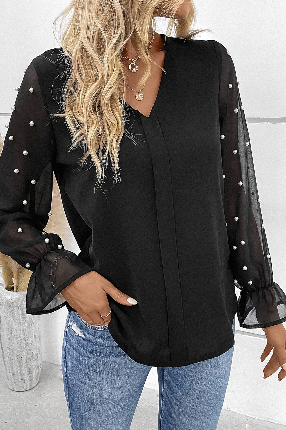 Black Pearl Mesh Flounce Sleeve V Neck Blouse