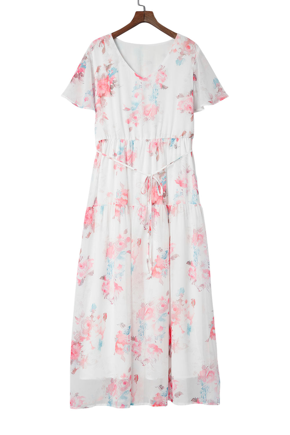 V Neck Short Sleeves Floral Print Maxi Dress