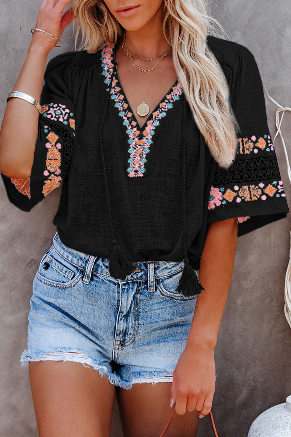 Tassel Drawstring Embroidered Half Sleeve V Neck Top