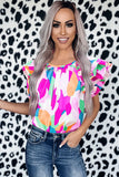 Abstract Pattern Ruffle Short Sleeves Blouse