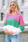 Ribbed V Neck Color Block Patchwork Sweatshirt