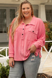 Pink Plus Size Ribbed Pocketed Long Sleeve Henley Top