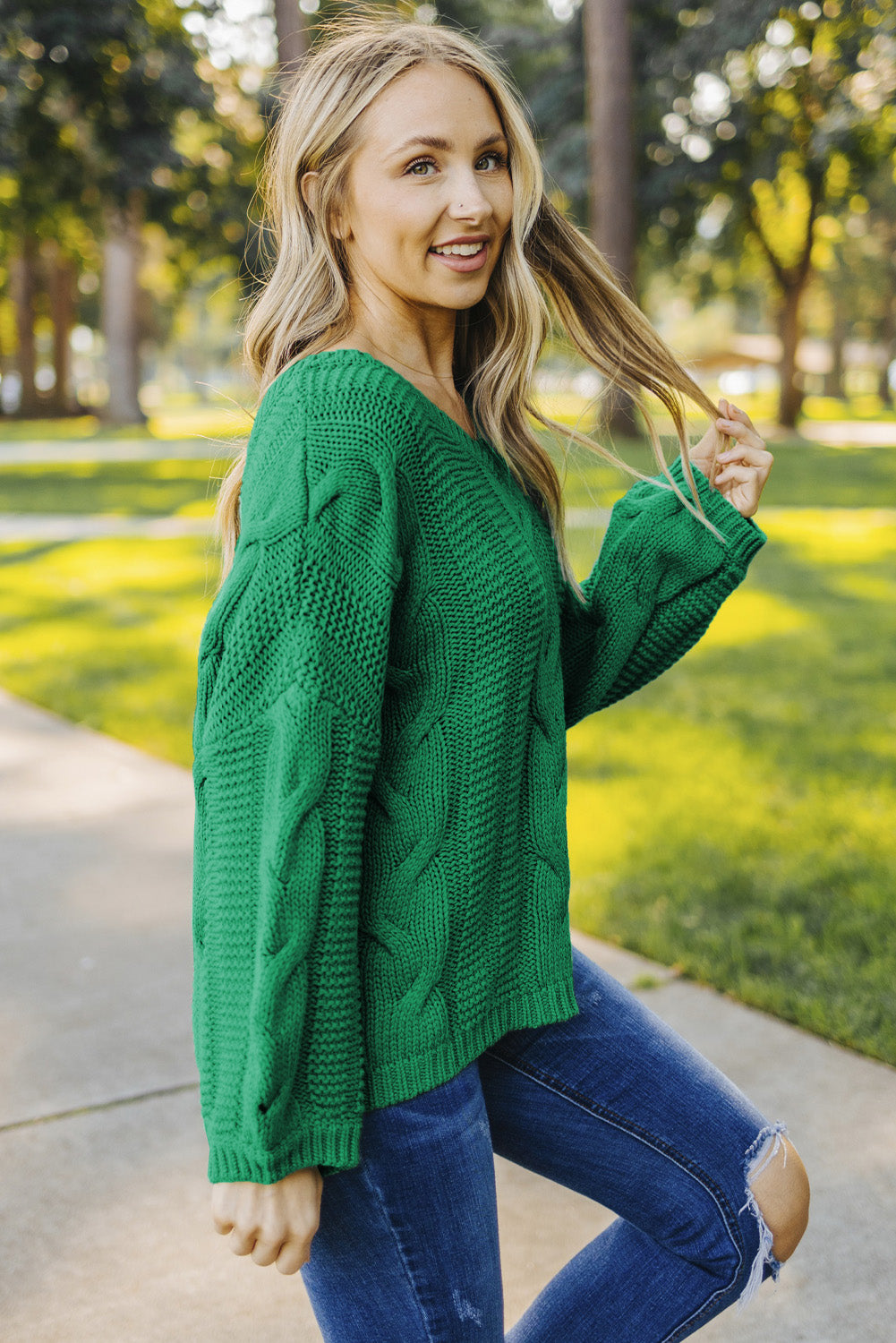 Bubblegum V-Neck Braided Knit Sweater