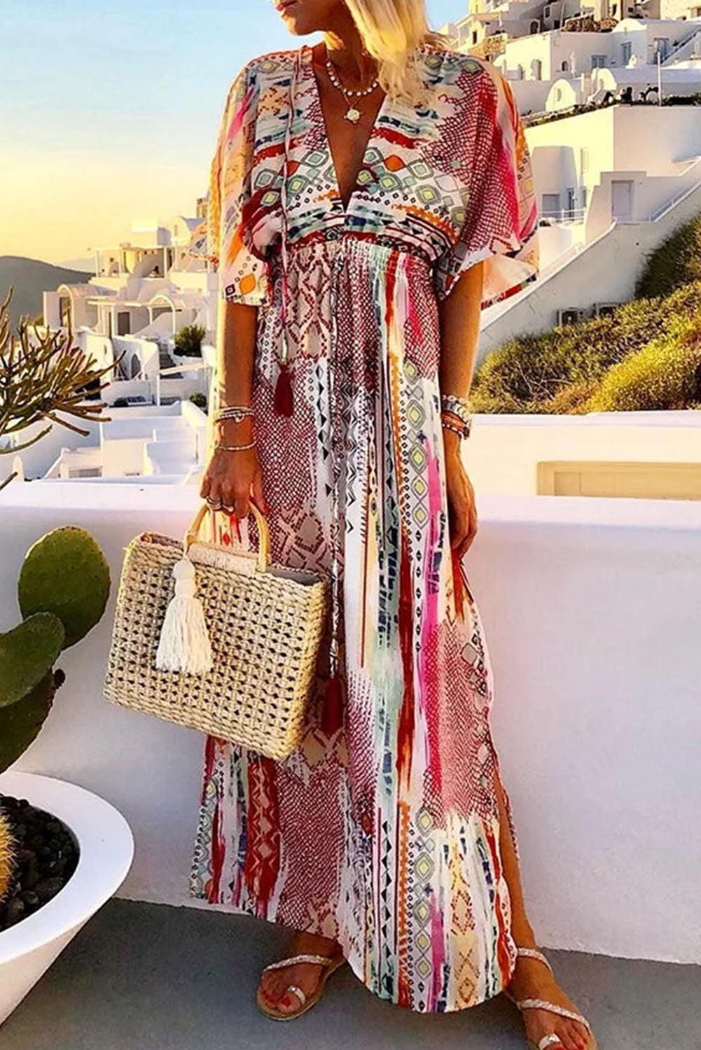 Boho Vacation Mixed Print Deep V Maxi Dress