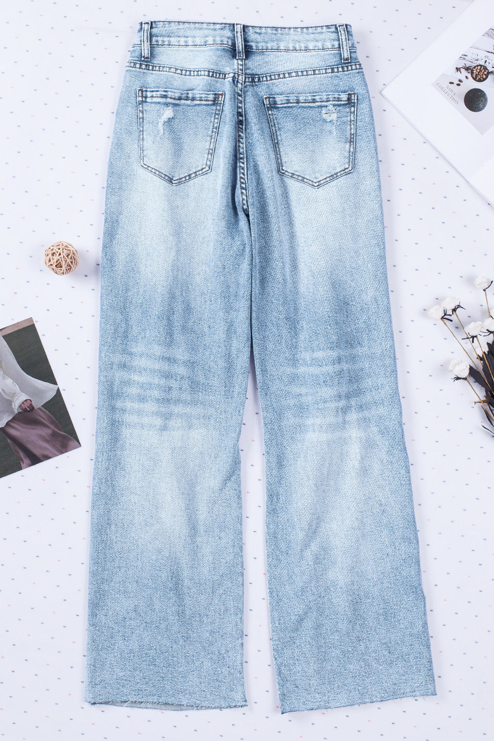 Distressed Hollow-out Knees Wide Leg Jeans