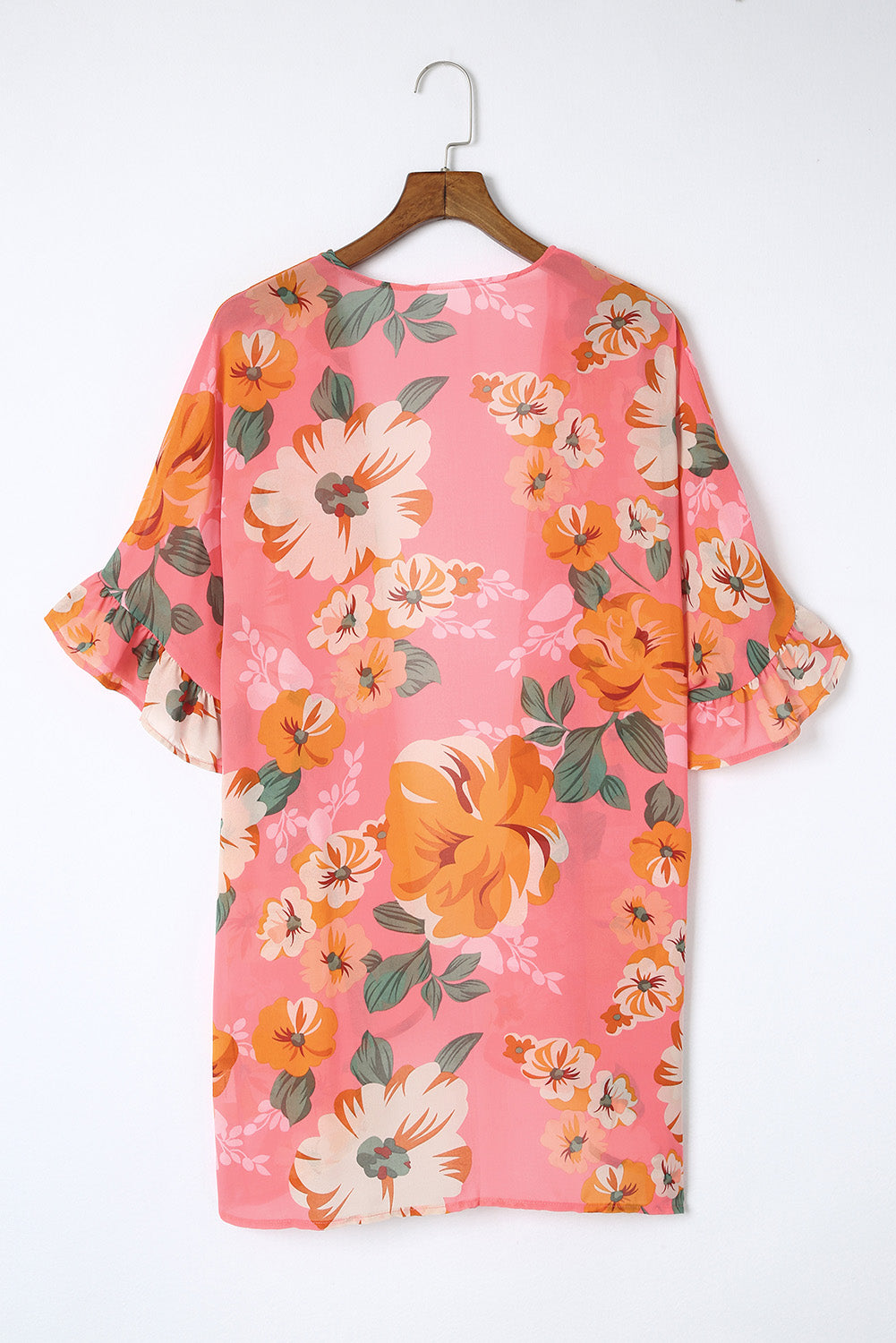 Kimono rose imprimé floral à volants et manches 3/4, coupe ample