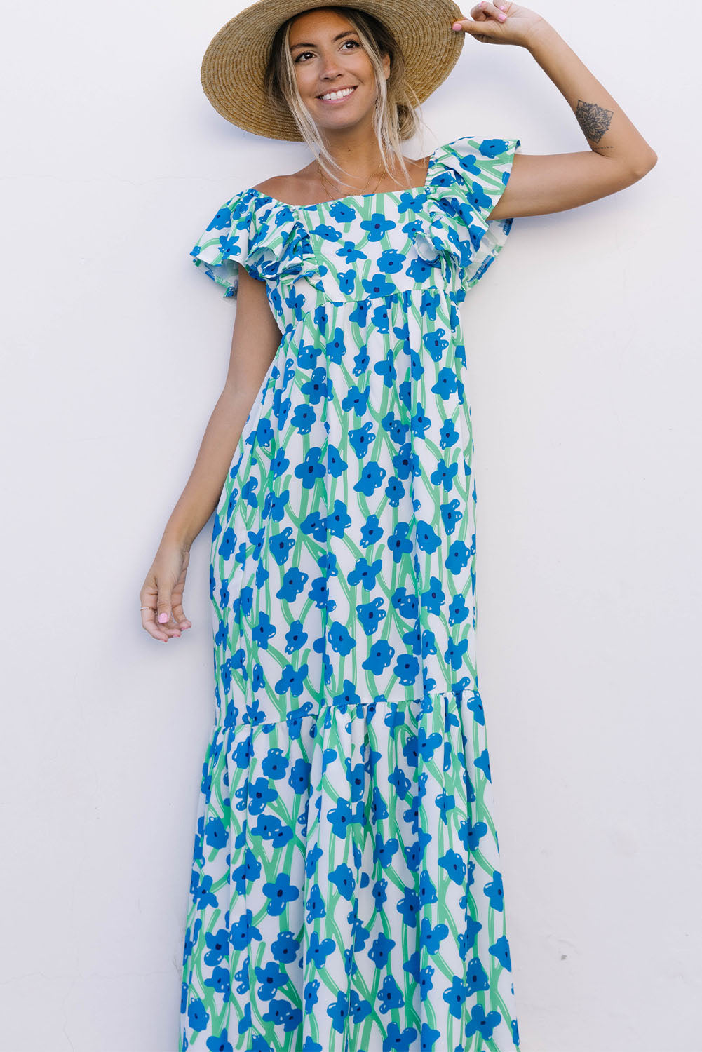 Robe longue bohème à imprimé floral bleu ciel