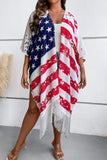 Plus Size American Flag Tasseled 3/4 Sleeve Cardigan